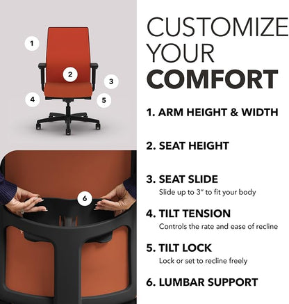 HON Ignition 2.0 Mid‑Back Ergonomic Office Chair, Mesh Task Seating with Lumbar Support, Advanced Synchro‑Tilt, Height and Width Adjustable Arms, Black Frame, Salamander