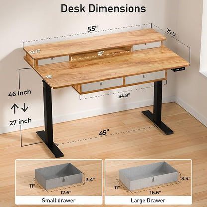 55 * 30 Inches Electric Standing Desk Adjustable Height with 4 Drawers, Double Storage Shelves Stand Up Desk, Home Office Workstation Sit Stand Desk (Light Rustic Brown)