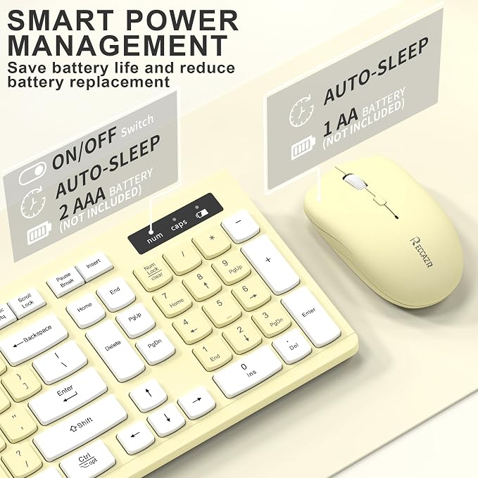 Wireless Keyboard and Mouse Combo, Full-Sized Wireless Keyboard and Adjustable DPI Mouse, 2.4GHz USB Receiver, Keyboard and Mouse for PC, Windows, Desktop, Laptop (Canary Yellow)
