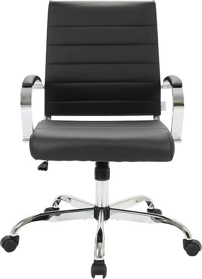 LeisureMod Benmar Leather Office Desk Chair, Mid-Back Ergonomic Swivel Chair with Lumbar Support, Adjustable Height, Tilt Lock, Cushioned Seat & Back, Home Office Task Chair (Black, Single)