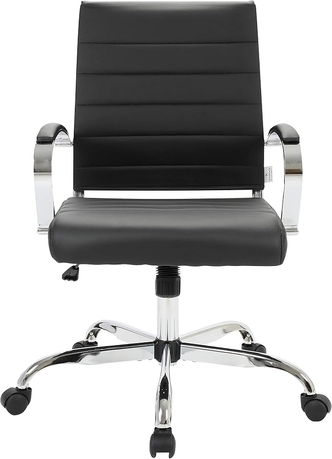 LeisureMod Benmar Leather Office Desk Chair, Mid-Back Ergonomic Swivel Chair with Lumbar Support, Adjustable Height, Tilt Lock, Cushioned Seat & Back, Home Office Task Chair (Black, Set of 2)