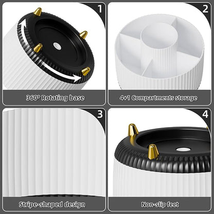 Marbrasse Desk Organizer, 360-Degree Rotating Pen Holder, Desk Organizers and Accessories with 5 Compartments Pencil Holder, Art Supply Storage Box Caddy for Office, Home (White+Black)