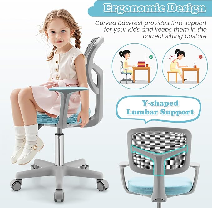 Giantex Kids Desk Chair, Ergonomic Adjustable Teen Task Chair w/Y-Shaped Lumbar Support, Armrest & Universal Wheels, Mesh Kid Office Chair for Sturdy, Kids Computer Chair for Boys & Girls 4-12, Blue