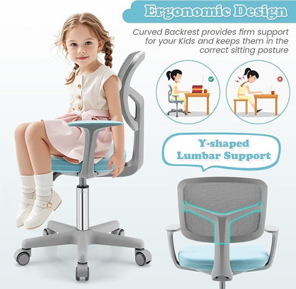 Giantex Kids Desk Chair, Ergonomic Adjustable Teen Task Chair w/Y-Shaped Lumbar Support, Armrest & Universal Wheels, Mesh Kid Office Chair for Sturdy, Kids Computer Chair for Boys & Girls 4-12, Blue