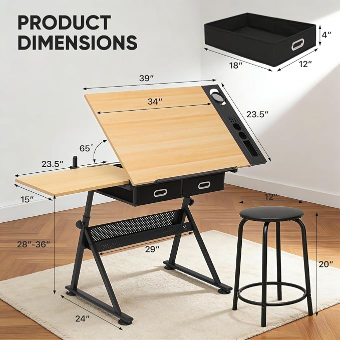 Magshion Professional Drafting Table for Adults w/Stool, Tilting Wooden Tabletop & Adjustable Height, Art Craft Desk Watercolor Painting Sketching Work Station for Studio Home Office School (Natural)