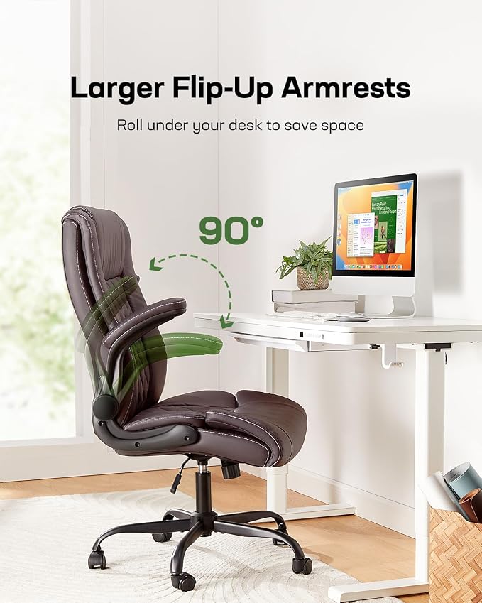 Marsail Executive Office Chair with Flip-up Armrests,PU Leather Ergonomic Desk Chair Height-Adjustable Swivel Rolling Desk Chair