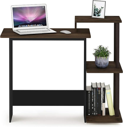 Furinno Efficient 29-Inch Brown Computer Desk, Office Desk with 3 Side Shelves, Rectangular Home Office Desk, Gaming Desk for Home Office, Bedroom, Study Room, Brown Walnut