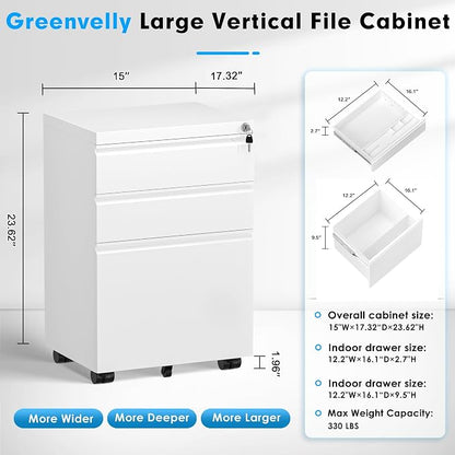 Greenvelly 3-Drawer Mobile File Cabinet with Locking Drawers & Wheels, No Assembly Required White Rolling Metal Filing Cabinet for Home Office, Lockable File Organizer Under Desk or Letter/Legal Files