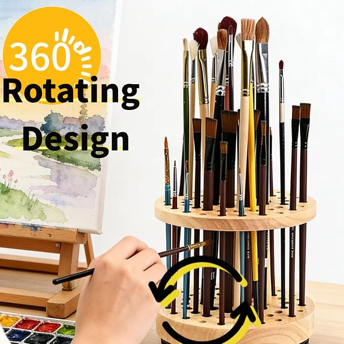 360° Rotating Brush Storage Rack|52-Hole Brush Holder|Hardwood Storage Stand|Space-Saving Brush Organizer|Suitable for Artist Brushes,Craft Tools, Makeup Brushes,Calligraphy Pens