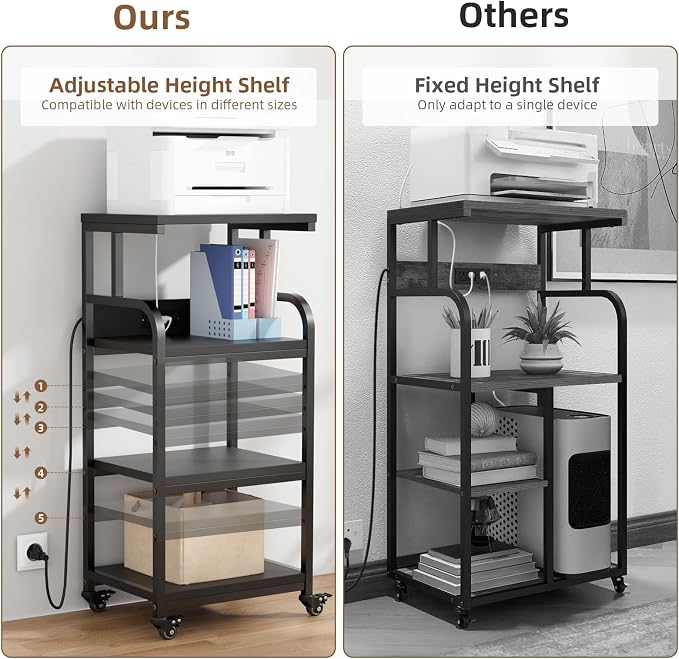 VOWNER 4-Tier Printer Stand with Power Outlet, Tall Printer Table Shelves with 5-Adjustable Heights, Heavy Duty Printer Cart for Home Office Storage, for CPU, Scanner, Shredder, 20.7" Lx15.7 Wx44.5 H