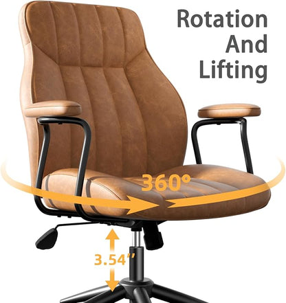 Brown Leather Office Chair, Mid Century Home Office Desk Chair | Ergonomic Curve Design, Removable Padded Arms, Height Adjustable Swivel Seat & Smooth Wheels, Vintage Mid-Back Computer Chair