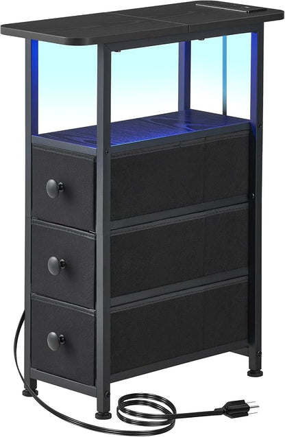 DALEMHOME Narrow End Table with Charging Station, Narrow Side Table with Drawer, Small Nightstand with LED Light, Skinny Nightstand, Small Bedside Table for Living Room, Bedroom, Couch, Black