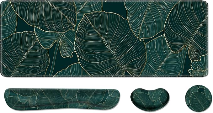 Desk Pad and Keyboard Wrist Rest, Large Mouse Pad + Keyboard Pad+Mouse Wrist Support, Non-Slip Desk Mat Protector for Office, Home 31.5×11.8 Inches Plant Leaves