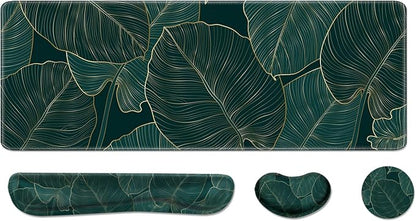 Desk Pad and Keyboard Wrist Rest, Large Mouse Pad + Keyboard Pad+Mouse Wrist Support, Non-Slip Desk Mat Protector for Office, Home 31.5×11.8 Inches Plant Leaves