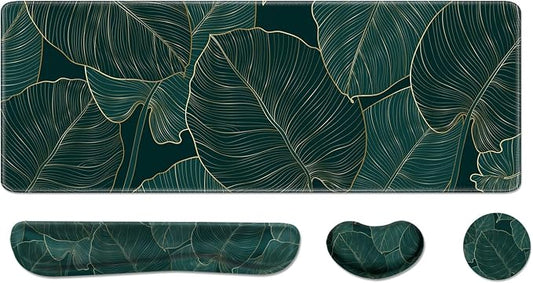 Desk Pad and Keyboard Wrist Rest, Large Mouse Pad + Keyboard Pad+Mouse Wrist Support, Non-Slip Desk Mat Protector for Office, Home 31.5×11.8 Inches Plant Leaves