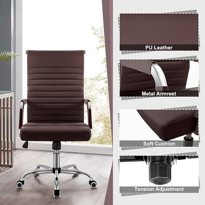 Shahoo Ribbed Office Chair, Mid-Back PU Leather Office Chair Executive Task Chair with 360° Swivel Wheels for Conference Room, Home Offices (Brown)