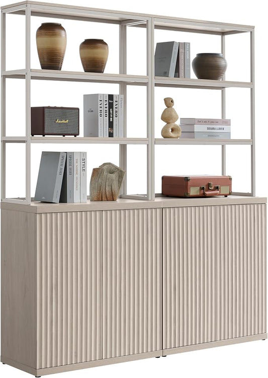 SICOTAS Book Shelf Fluted Bookshelf Cabinet - 75" Tall Bookcase 6 Tier Large Bookshelves with Door Storage Modern Double Wide Book Shelves Case for Living Room Office Library, Metal Frame, White Alder