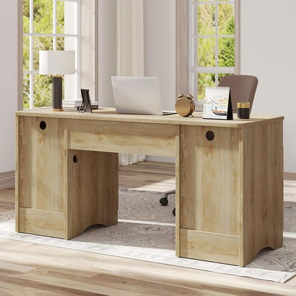 Bestier 59 inch Computer Desk with 2 Drawers, Office Desk with Storage File Cabinet and 2 Open Storage Shelves, Modern Fluted Executive Desk for Home Office Bedroom, Natural Oak