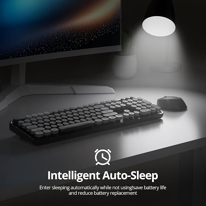 Wireless Keyboard and Mouse Set, Retro Typewriter, 2.4GHz Full Size 104-Key Cute Keyboard with Number Pad, Colorful Keyboard with Round Keycaps for Windows PC Laptop(Black Gray)