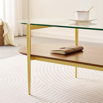 LumFurn Oval Glass Coffee Table, Mid-Century Modern Design, L41 x W21 x H17 inch, for Living Room, 2-Tier Structure, Clear Glass Top and Walnut Finish Wood Shelf, Conical Legs with Gold Finish Frame