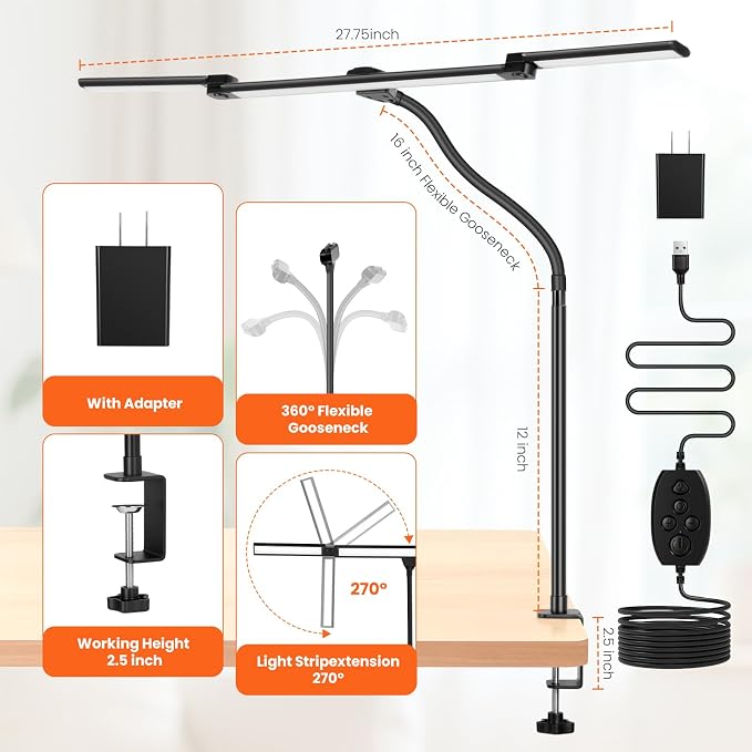 LED Desk Lamp for Office Home, 3 Head Adjustable Computer Monitor light Bar Stepless Dimming, Eye Caring Architect Desk Lamp Table Lamp Clip on Desk Light with Clamp for Reading Study Workbench Black