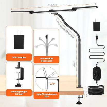 LED Desk Lamp for Office Home, 3 Head Adjustable Computer Monitor light Bar Stepless Dimming, Eye Caring Architect Desk Lamp Table Lamp Clip on Desk Light with Clamp for Reading Study Workbench Black