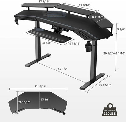 EUREKA ERGONOMIC Gaming Desk, Standing Desk w Keyboard Tray, 72" Wing Shaped Music Studio Table with LED Shelves, Gaming Recording Live Stream, Slot Design