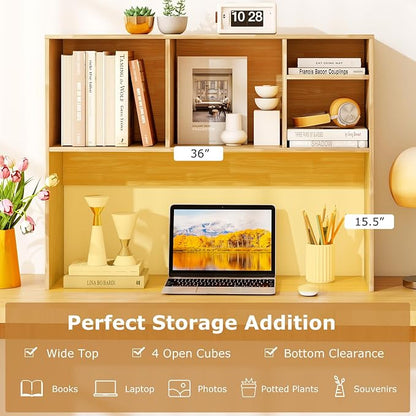 GOFLAME 4 Cubes Desktop Bookshelf, 37” Tabletop Wood Desk Shelf for Computer Monitor, Modern Countertop Desk Display Hutch Storage Organizer Shelf for Home Office, Dorm, Study, Burlywood
