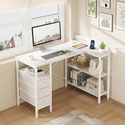 DUMOS L Shaped Desk with Shelf Drawers 47 Inch, White Corner Computer Desks Gaming with Power Outlet, Study Table with Adjustable Shelves, Home Office Tables for Bedroom Teacher Reading Writing
