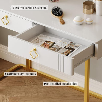 Tamworth Design White Vanity Desk with 2 Drawers, Gold and White Desk,Home Office Desk Modern Makeup Vanity Table, Entryway Console Table, Sofa Table (Deluxe Leg)