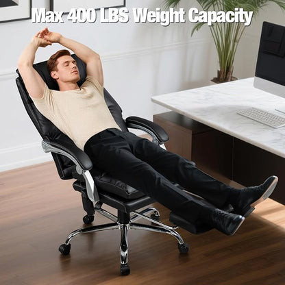 Massage Office Chair with Foot Rest, 400 LBS Ergonomic Executive Chair, High Back Reclining Leather Desk Chair with 135° Recline, 6-Point Vibration and Heat, Modern