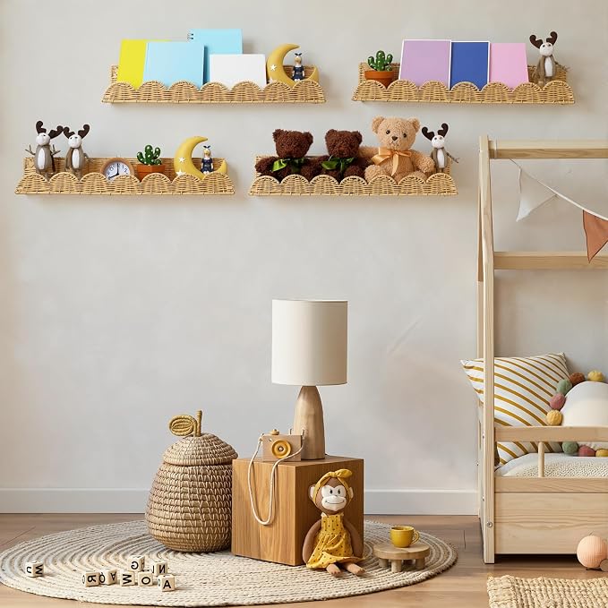 Pinkunn 4 Pcs Nursery Book Shelves 23.6 Inch Rattan Scalloped Floating Bookshelves Wicker Boho Book Shelf for Wall Mounted Decor Nursery Rooms Hanging