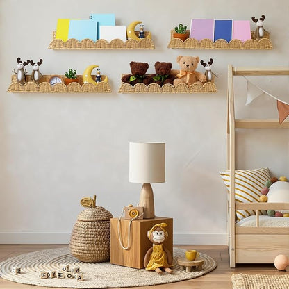 Pinkunn 4 Pcs Nursery Book Shelves 23.6 Inch Rattan Scalloped Floating Bookshelves Wicker Boho Book Shelf for Wall Mounted Decor Nursery Rooms Hanging