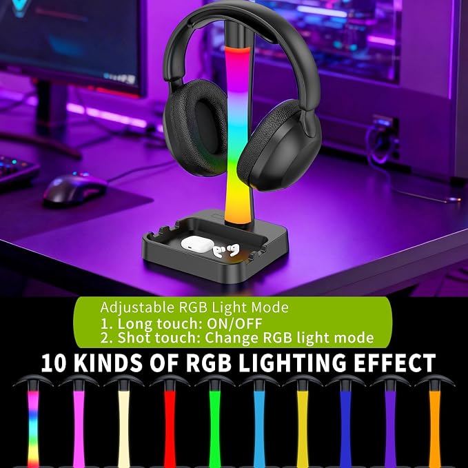 Headphone Stand with Charger,Gaming Headset stand with RGB Light Mode,For Airpod Max Stand,Desk Lamp,Phone Holder,Tablet Holder,desktop organizer,Gifts for Gamers & Music Lover(Black)