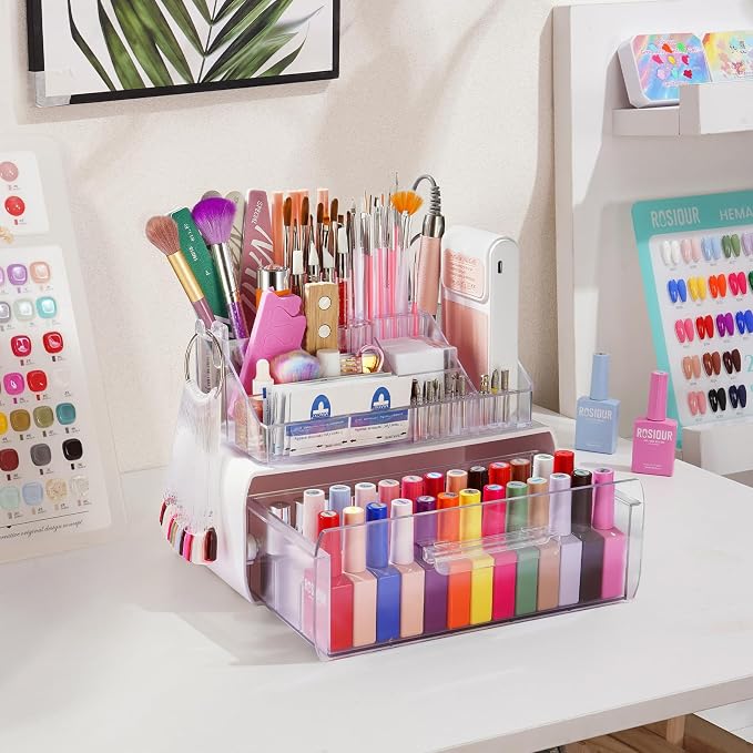 Wilfniee 2-Tier Nail Tech Desk Organizer with Drawer for Polish, Brushes, Drill Bits