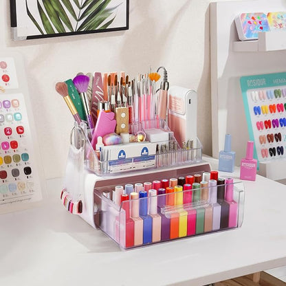 Wilfniee 2-Tier Nail Tech Desk Organizer with Drawer for Polish, Brushes, Drill Bits