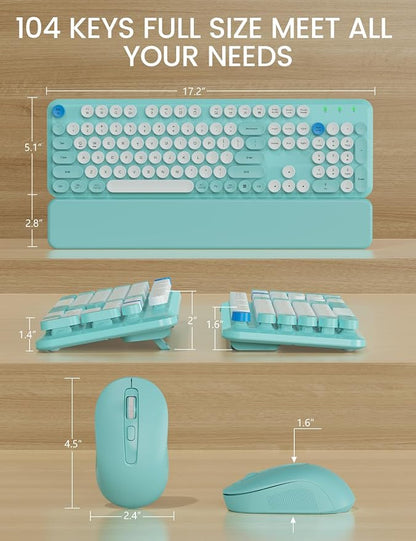 Wireless Keyboard and Mouse Combo - Cute Typewriter Keyboard with Detachable Wrist Rest, Retro Round Keycaps, Foldable Legs, 2.4GHz Full-Size for PC, Laptop, Windows - Trueque (Glacier Blue)