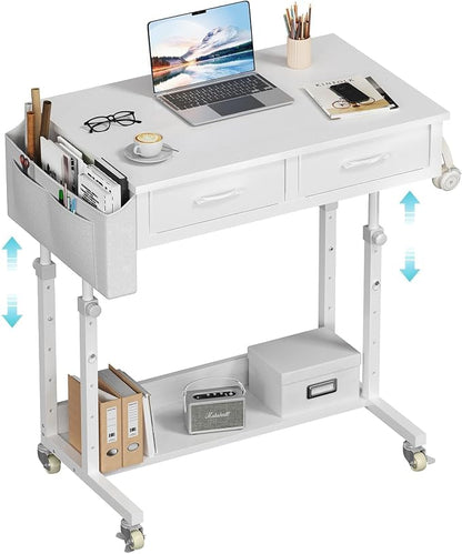 WINAZ Small Rolling Desk with Drawers & Storage - 32 Inch Adjustable Height Standing Desk on Wheels for Teachers, Students, Portable Mobile Workstation for Home Office, Small Spaces, Sewing & Crafts