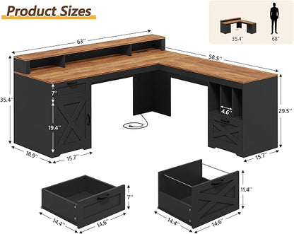 YOMILUVE Farmhouse 63" L Shaped Desk with Drawers and Storage Shelf, Home Office Desk with Power Outlets, Storage Cabinet, Corner Computer Desk with Long Monitor Stand, Brown and Black