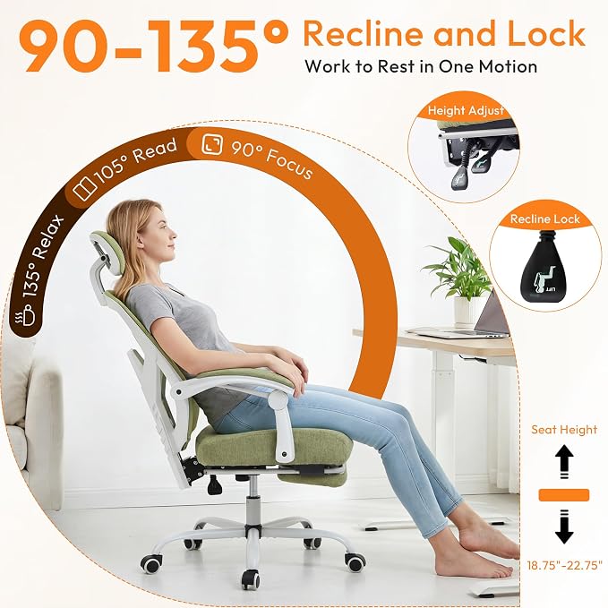 Home Office Desk Chair, Comfortable Mesh Computer Chair with Foot Rest, Reclining Gaming Chair with Headrest and Lumbar Support, 90°-130° Reclining, Light Green