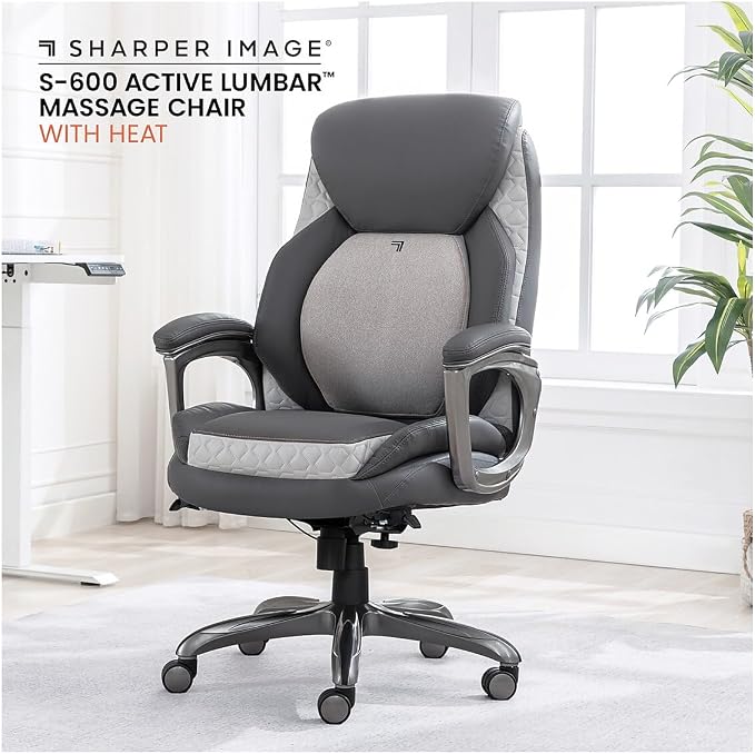 Sharper Image S-600 Active Lumbar Heated Ergonomic Bonded Leather Swivel Executive Massage Chair, Gray (60098-GRY)