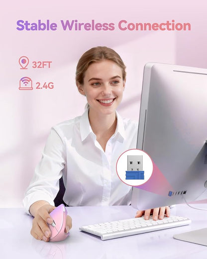 TECKNET Ergonomic Mouse Vertical Wireless with 2.4GHz USB Receiver - Optical Carpal Tunnel Mice Right Hand, 4800 DPI Adjustable, Quiet Clicks, 6 Buttons for Laptop, Desktop, PC, Computer - Pink Purple