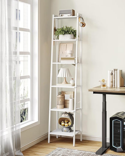 Hzuaneri Ladder Shelf, Bookshelf Bookcase, Freestanding Corner Storage Shelve with 2 Hooks for Home Office, Living Room, Kitchen, Bedroom, Industrial, 6-Tier White BC13313W