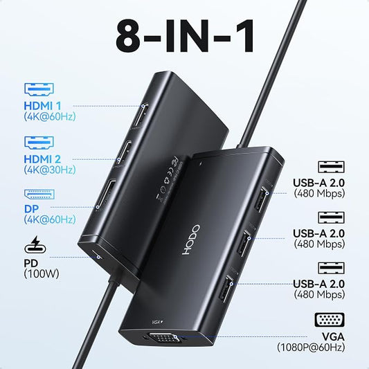 USB C Docking Station Dual Monitor Adapter for Dell HP, Laptop Docking Station 3 Monitors Quadruple Display USB C Hub Dongle to 4K HDMI+DisplayPort+VGA,3 USB2.0,100W PD, 8 in 1 Thunderbolt Dock