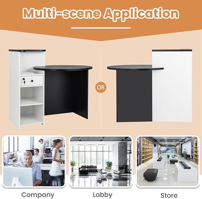 Tangkula Reception Desk, Front Counter Desk with Lockable Drawer & Adjustable Shelf, Oval Desktop, Retail Counter for Checkout, Computer Workstation for Salon Lobby Office, Home Office Desk