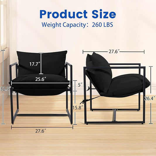 Kromax Sling Accent Chair, Set of 2, Cozy Living Room Chairs, Square Metal Frame, Upholstered Soft Cushion, Sponge, 28" x28“x32, Easy Assembly, Black