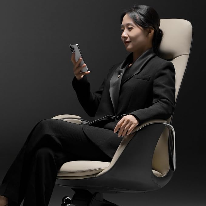 TOMU Genuine Top Grain Leather Office Chair Cream, Ergonomic Executive Chair High Back for Long Hours,Big and Tall Luxury Office Chair with Wheels, Aluminum Base and Armrest (Cream)