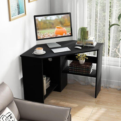 Corner Computer Desk with Shelves, 90° Triangle Wooden Study Writing Table Cable Management Holes, Space Saving Compact Study Workstation for Bedroom Living Room Office (Black)