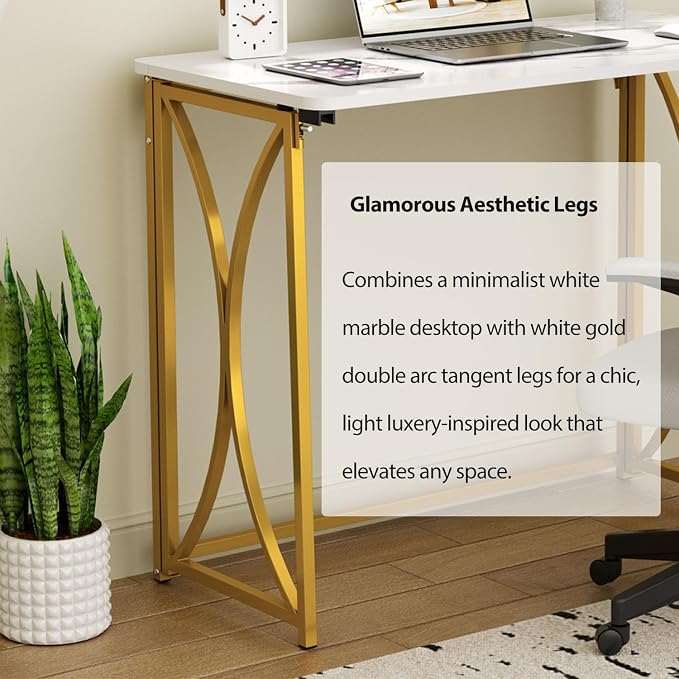 Folding Desk, 31.5" Small Desk for Bedroom, Space Saving Foldable Computer Desk for Home Office, Easy Assembly, White and Gold