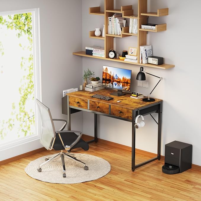 Lufeiya 40 Inch Desk with Drawers for Bedroom - 39 Inch Home Office Desks with 3 Fabric Storage Drawer and Pocket, Study Writing Table Rustic Computer Desk, Vintage Brown